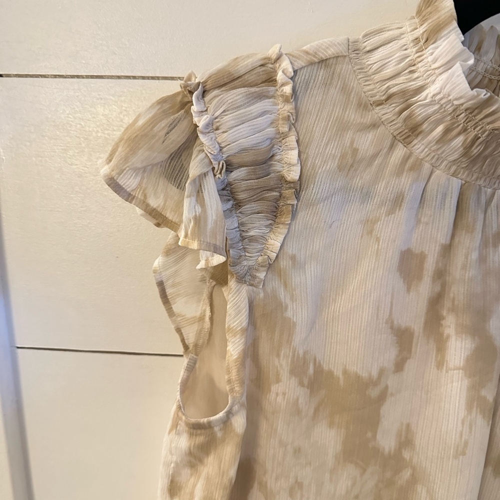 CALVIN KLEIN Woman Flutter sleeve smocked tan-white mock neck classic tank NWT S - Picture 4 of 14